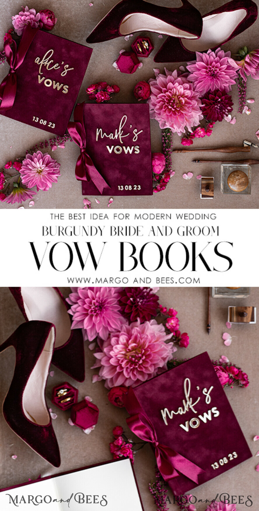 WEDDING VOWS Acrylic Clear Gold Burgundy Bride and groom vow books, Maroon wedding vow books set of two, Velvet Marsala personalized vow booklets, Golden Mirror his and her vow books, Acrylic Copper Gold custom wedding vow cases, bridal shower gift