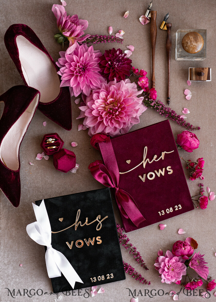 WEDDING VOWS Acrylic Clear Gold Maroon Bride and Black groom vow books, Burgundy wedding vow books set of two, Velvet Marsala personalized vow booklets, Golden Mirror his and her vow books, Acrylic Velvet Gold custom wedding vow cases, bridal shower gift
