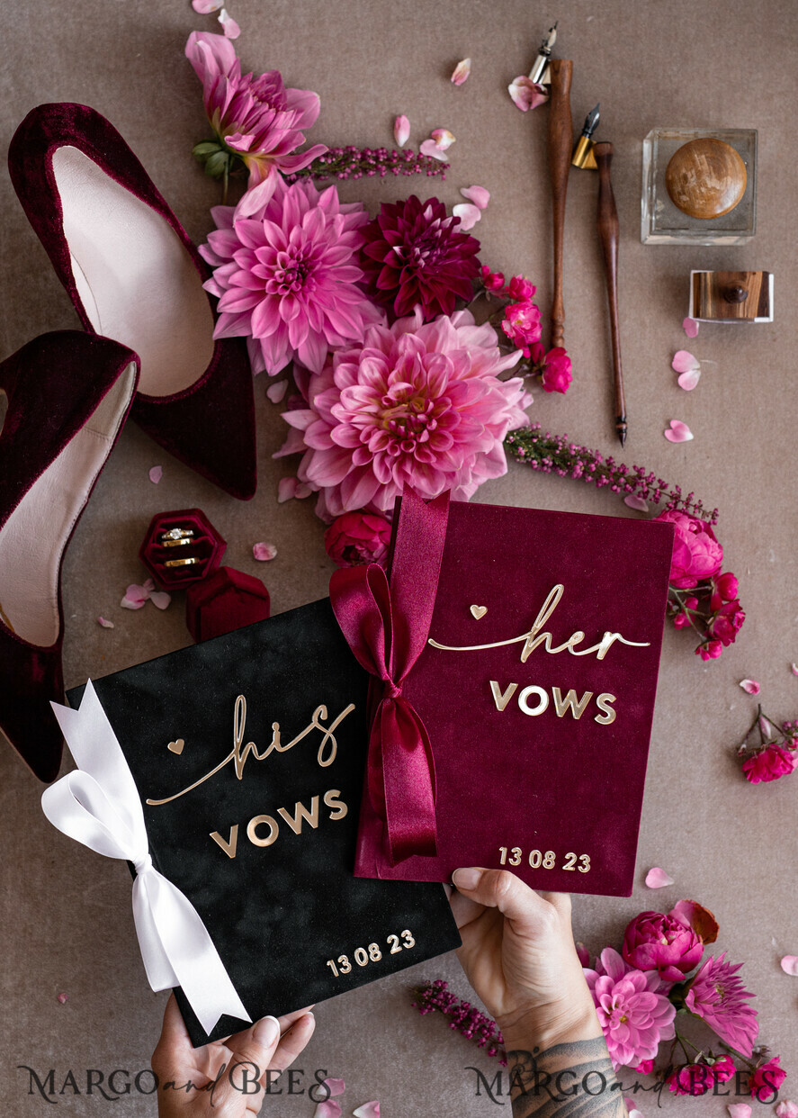 WEDDING VOWS Acrylic Clear Gold Maroon Bride and Black groom vow books, Burgundy wedding vow books set of two, Velvet Marsala personalized vow booklets, Golden Mirror his and her vow books, Acrylic Velvet Gold custom wedding vow cases, bridal shower gift
