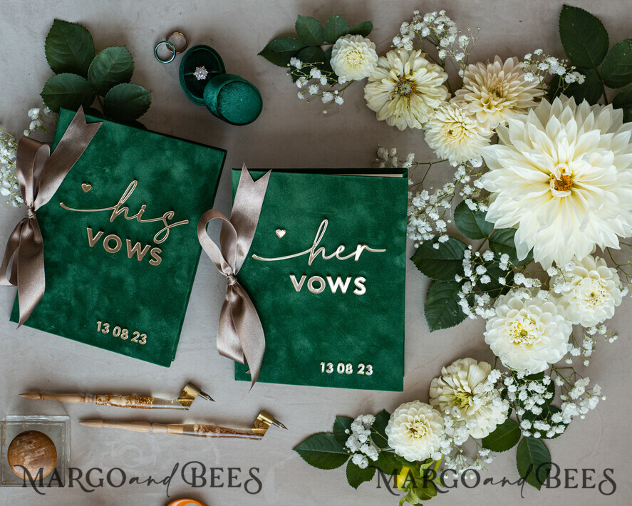 WEDDING VOWS Acrylic Clear Gold Emerald green Garden Bride and groom vow books, Greenery wedding vow books set of two, Velvet Emerald green Garden personalized vow booklets