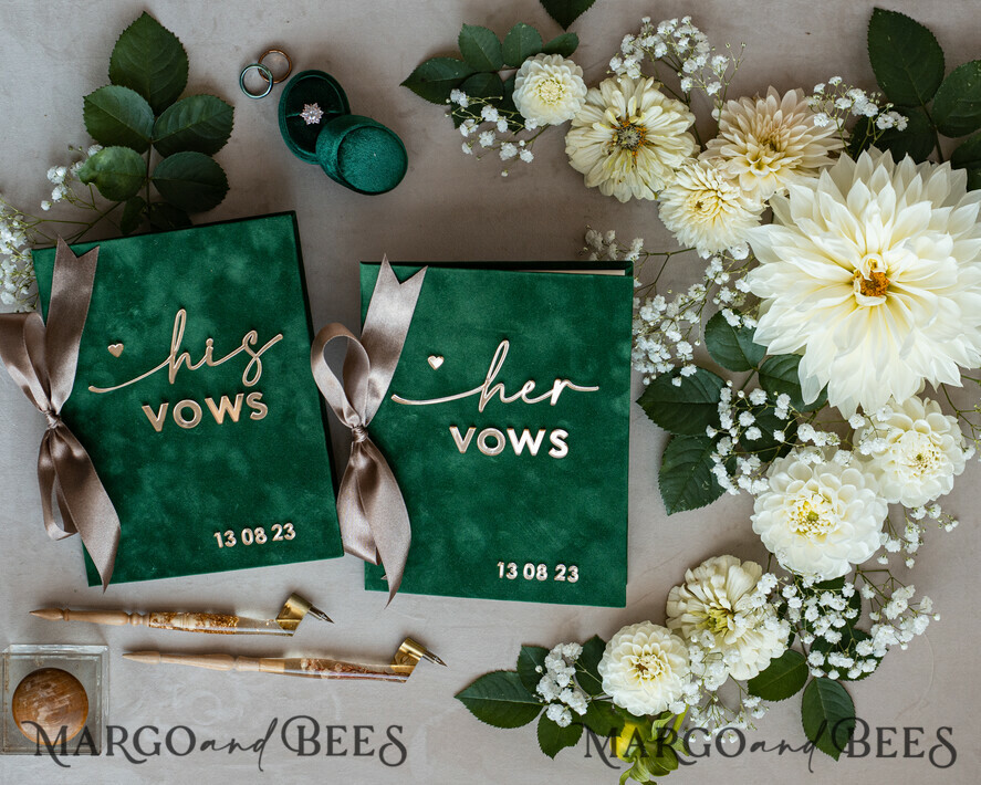 WEDDING VOWS Acrylic Clear Gold Emerald green Garden Bride and groom vow books, Greenery wedding vow books set of two, Velvet Emerald green Garden personalized vow booklets