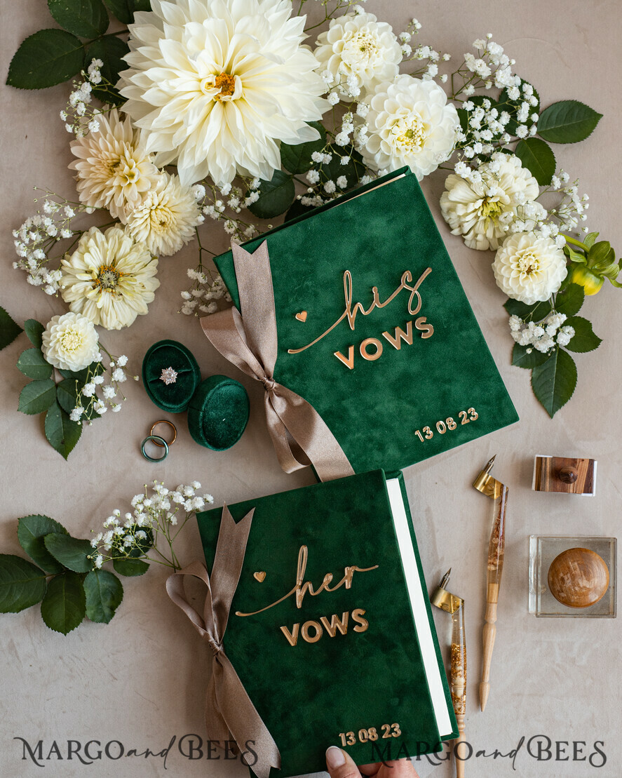 WEDDING VOWS Acrylic Clear Gold Emerald green Garden Bride and groom vow books, Greenery wedding vow books set of two, Velvet Emerald green Garden personalized vow booklets