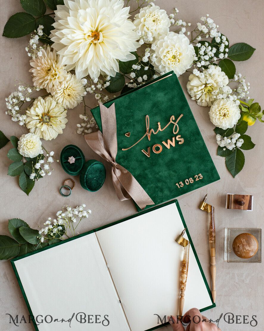WEDDING VOWS Acrylic Clear Gold Emerald green Garden Bride and groom vow books, Greenery wedding vow books set of two, Velvet Emerald green Garden personalized vow booklets
