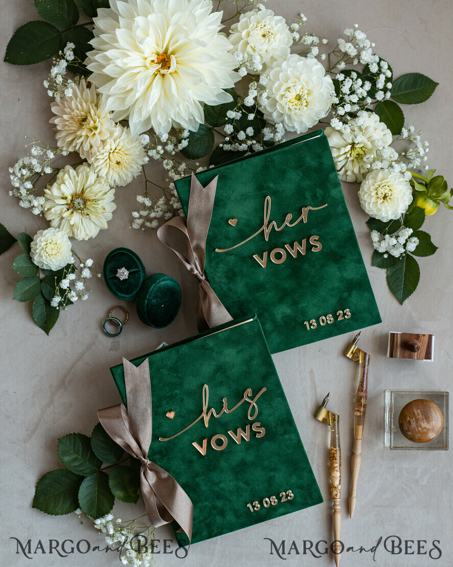 WEDDING VOWS Acrylic Clear Gold Emerald green Garden Bride and groom vow books, Greenery wedding vow books set of two, Velvet Emerald green Garden personalized vow booklets