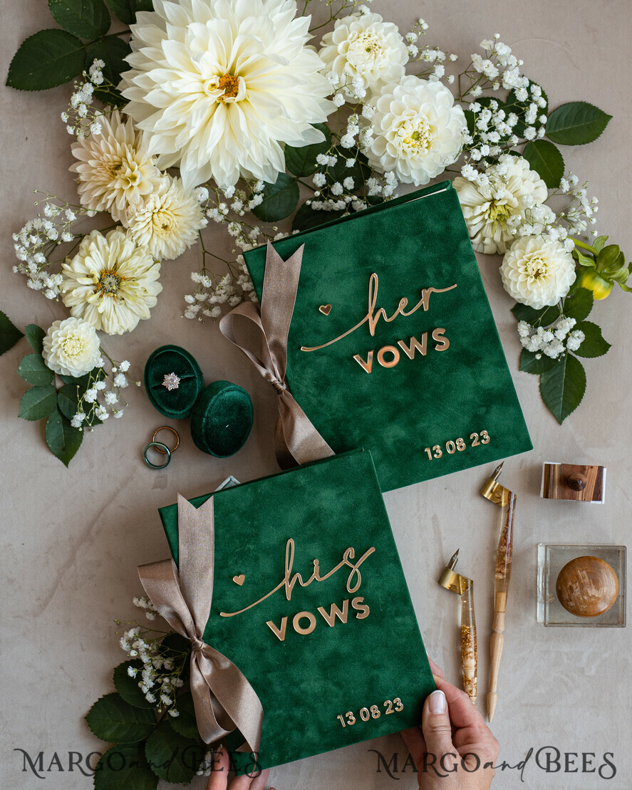 WEDDING VOWS Acrylic Clear Gold Emerald green Garden Bride and groom vow books, Greenery wedding vow books set of two, Velvet Emerald green Garden personalized vow booklets