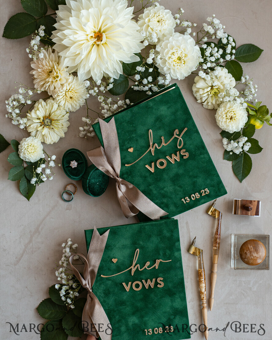 WEDDING VOWS Acrylic Clear Gold Emerald green Garden Bride and groom vow books, Greenery wedding vow books set of two, Velvet Emerald green Garden personalized vow booklets