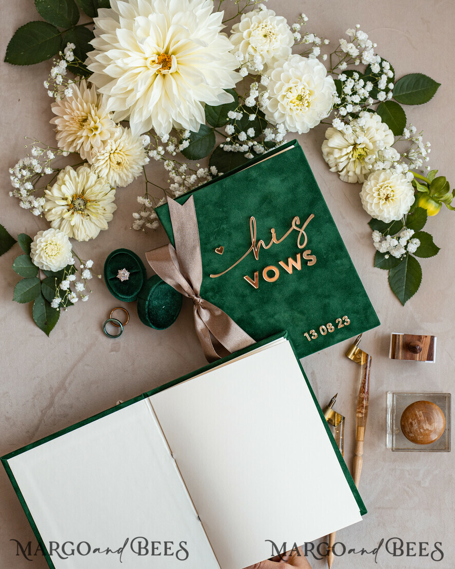 WEDDING VOWS Acrylic Clear Gold Emerald green Garden Bride and groom vow books, Greenery wedding vow books set of two, Velvet Emerald green Garden personalized vow booklets
