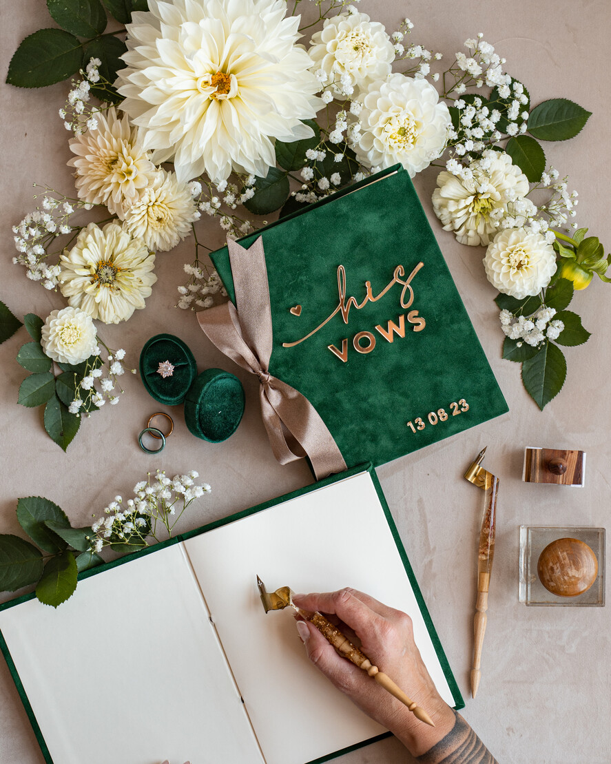 WEDDING VOWS Acrylic Clear Gold Emerald green Garden Bride and groom vow books, Greenery wedding vow books set of two, Velvet Emerald green Garden personalized vow booklets