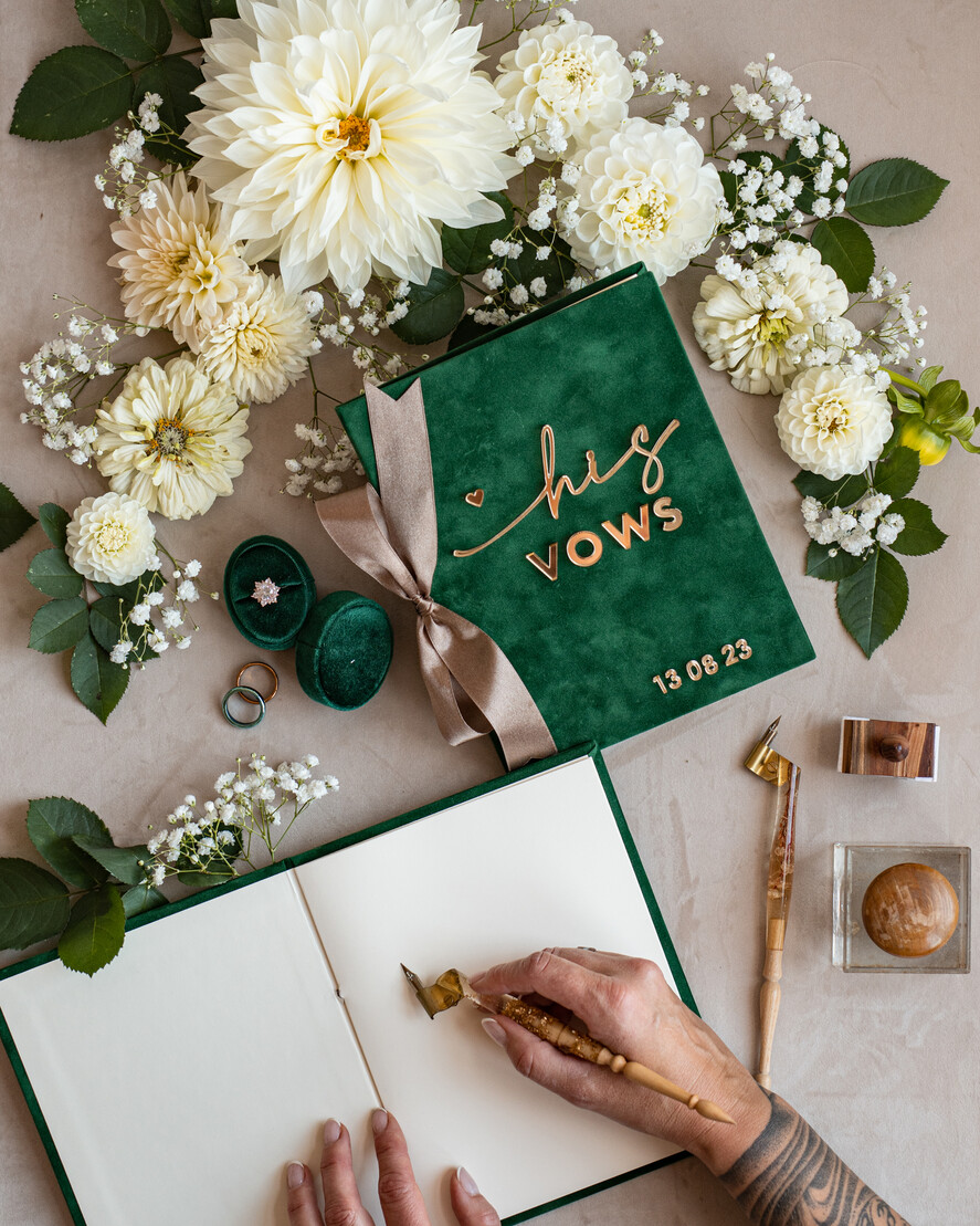 WEDDING VOWS Acrylic Clear Gold Emerald green Garden Bride and groom vow books, Greenery wedding vow books set of two, Velvet Emerald green Garden personalized vow booklets