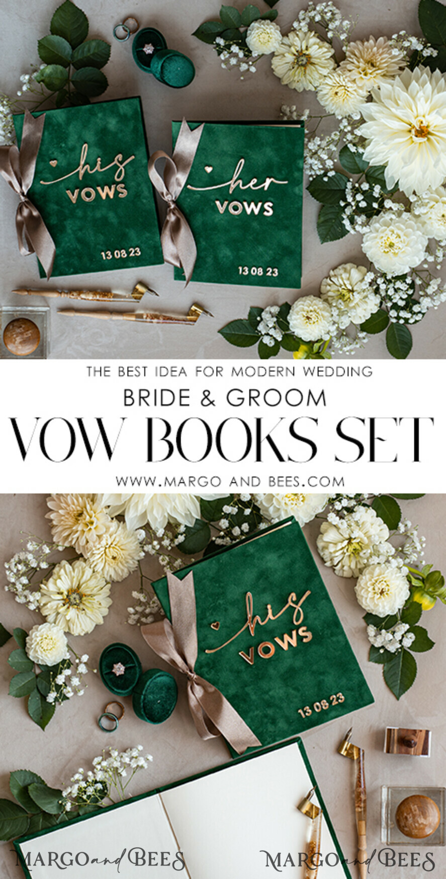 WEDDING VOWS Acrylic Clear Gold Emerald green Garden Bride and groom vow books, Greenery wedding vow books set of two, Velvet Emerald green Garden personalized vow booklets