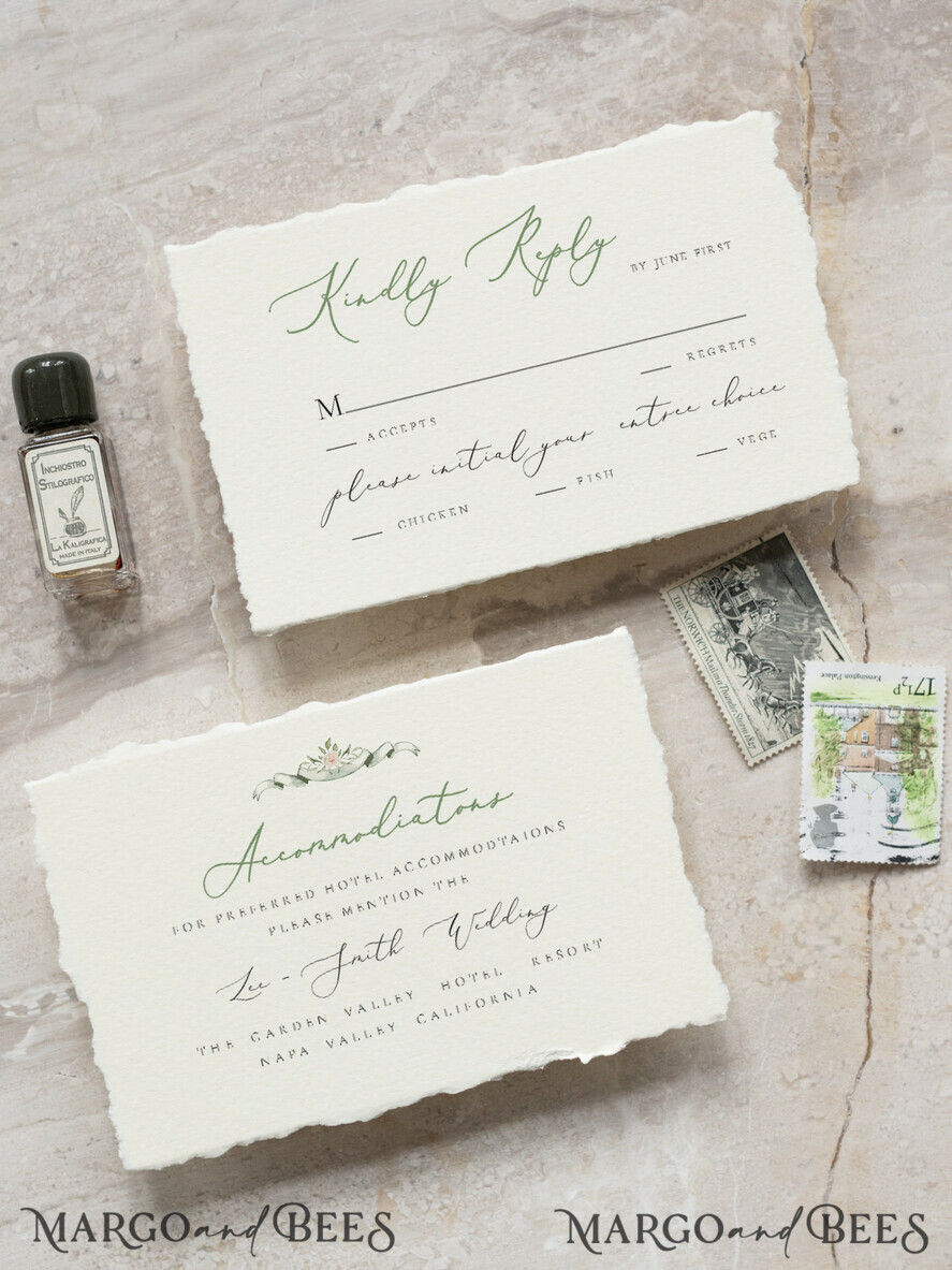 SAMPLING SERVICE samples Fine Art Green wedding Invitation Sample, handmade sample set, Ivory Deckled Edge wedding invitation, Floral Emblem Invites sample set