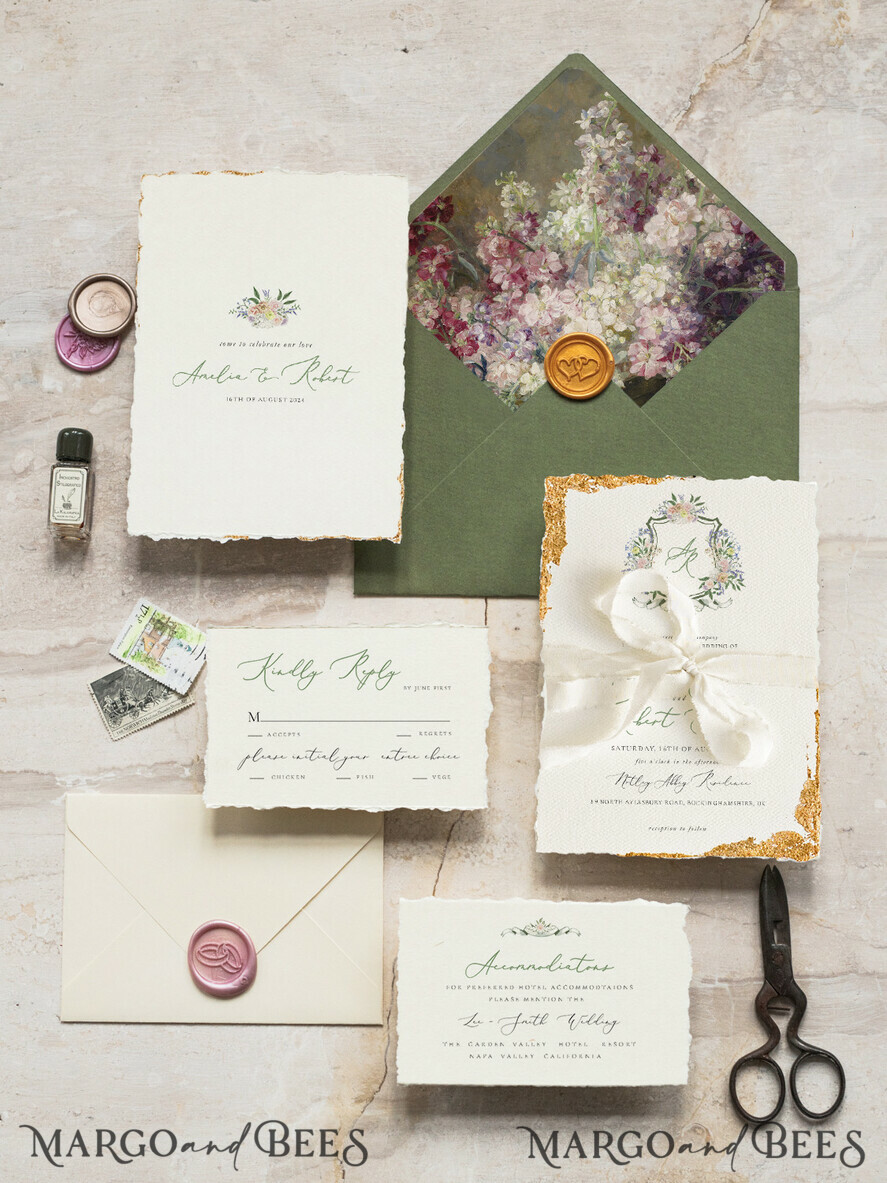 SAMPLING SERVICE samples Fine Art Green wedding Invitation Sample, handmade sample set, Ivory Deckled Edge wedding invitation, Floral Emblem Invites sample set