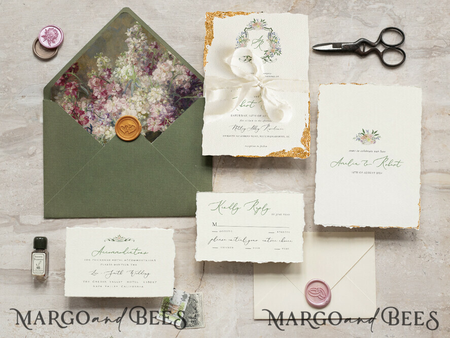 SAMPLING SERVICE samples Fine Art Green wedding Invitation Sample, handmade sample set, Ivory Deckled Edge wedding invitation, Floral Emblem Invites sample set