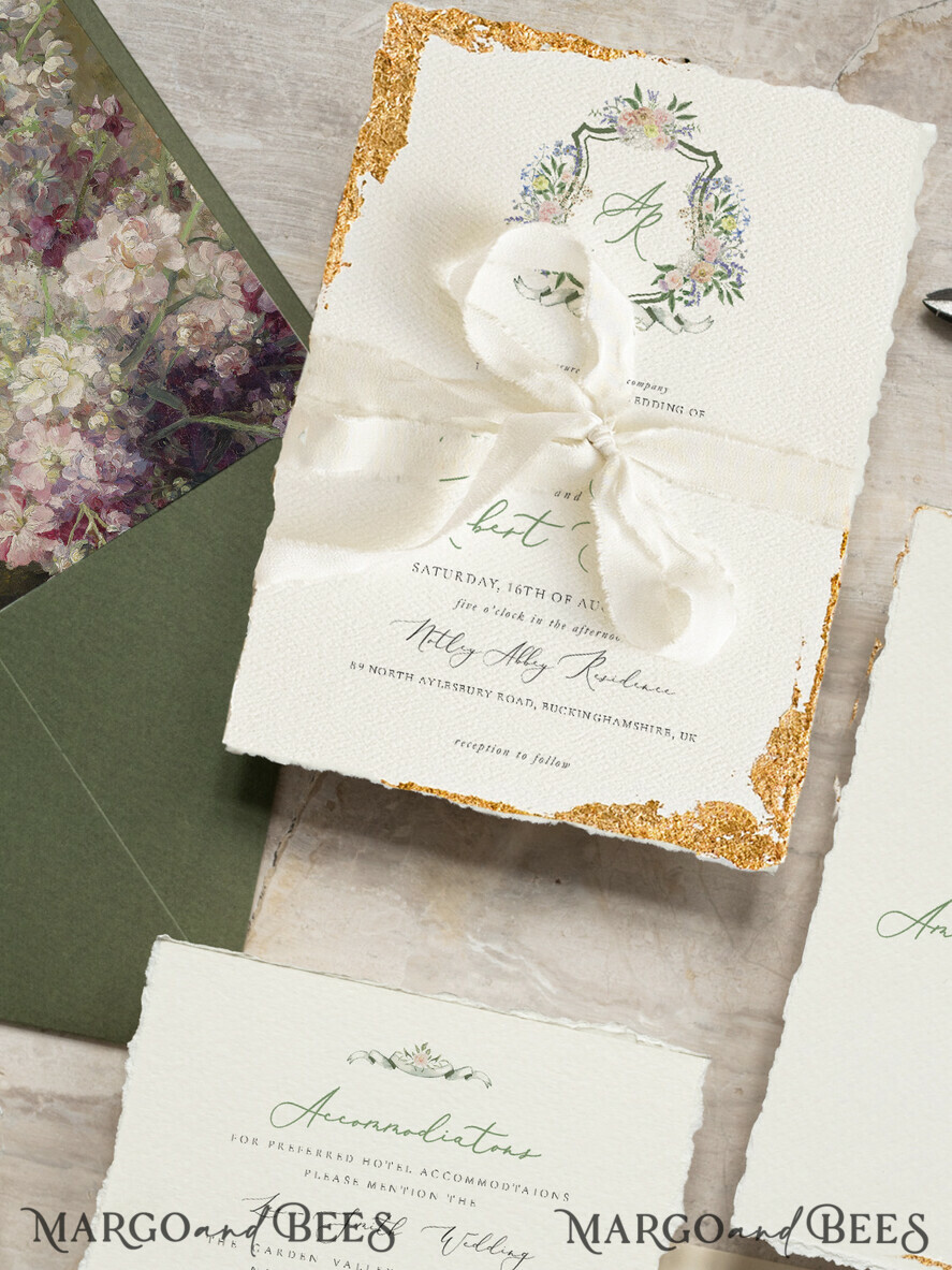 SAMPLING SERVICE samples Fine Art Green wedding Invitation Sample, handmade sample set, Ivory Deckled Edge wedding invitation, Floral Emblem Invites sample set