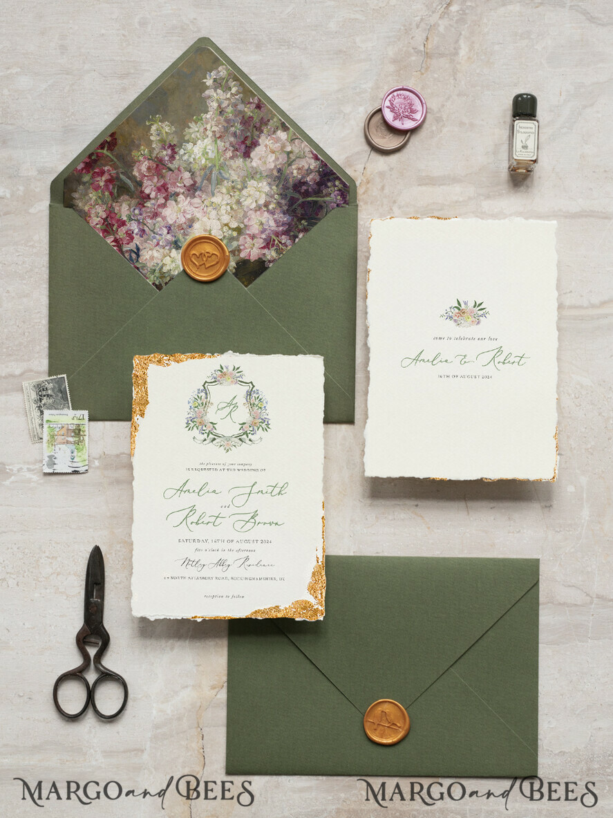 SAMPLING SERVICE samples Fine Art Green wedding Invitation Sample, handmade sample set, Ivory Deckled Edge wedding invitation, Floral Emblem Invites sample set