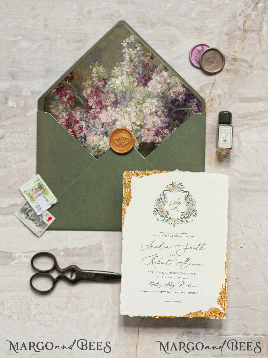 SAMPLING SERVICE samples Fine Art Green wedding Invitation Sample, handmade sample set, Ivory Deckled Edge wedding invitation, Floral Emblem Invites sample set