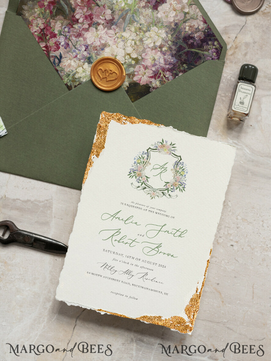 SAMPLING SERVICE samples Fine Art Green wedding Invitation Sample, handmade sample set, Ivory Deckled Edge wedding invitation, Floral Emblem Invites sample set