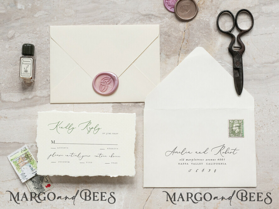 SAMPLING SERVICE samples Fine Art Green wedding Invitation Sample, handmade sample set, Ivory Deckled Edge wedding invitation, Floral Emblem Invites sample set