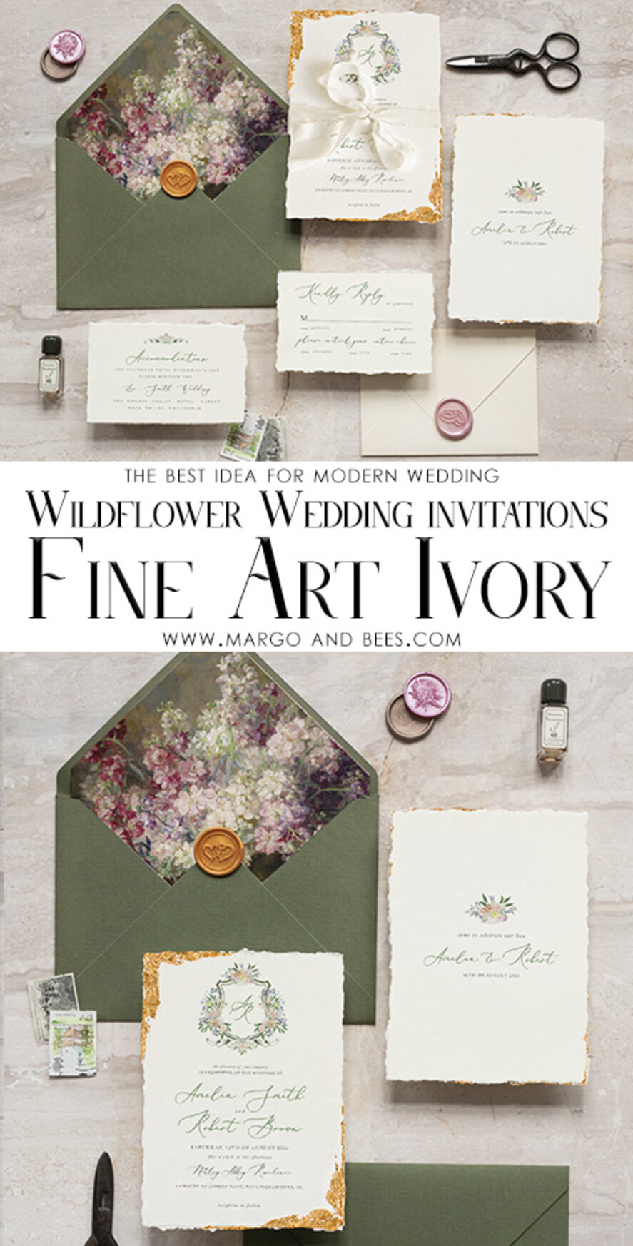 SAMPLING SERVICE samples Fine Art Green wedding Invitation Sample, handmade sample set, Ivory Deckled Edge wedding invitation, Floral Emblem Invites sample set