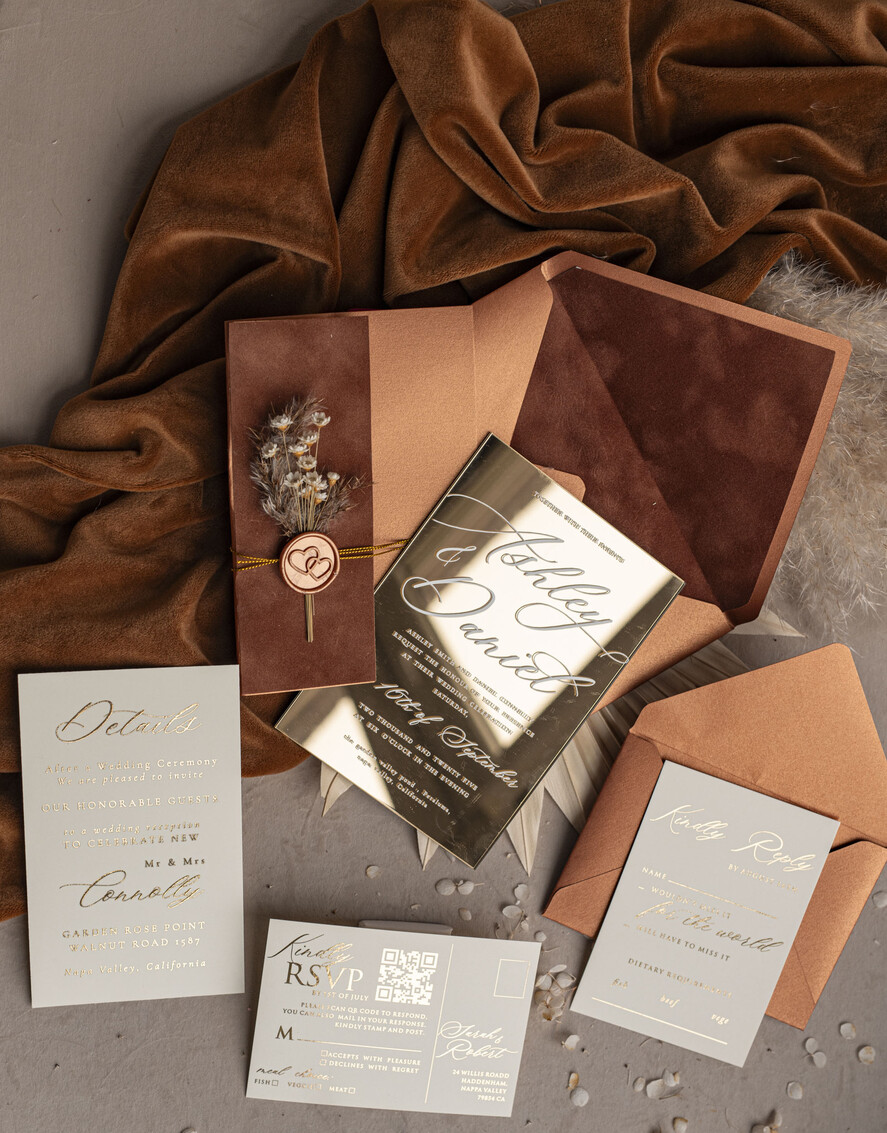 SAMPLING SERVICE samples Sample, bespoke sample set Fall Mirror gold Wedding Invitations, Elegant Terracotta Wedding Cards, Burnt orange Acrylic Wedding Invites, Mirror Gold Plexi Wedding Invitation Suite