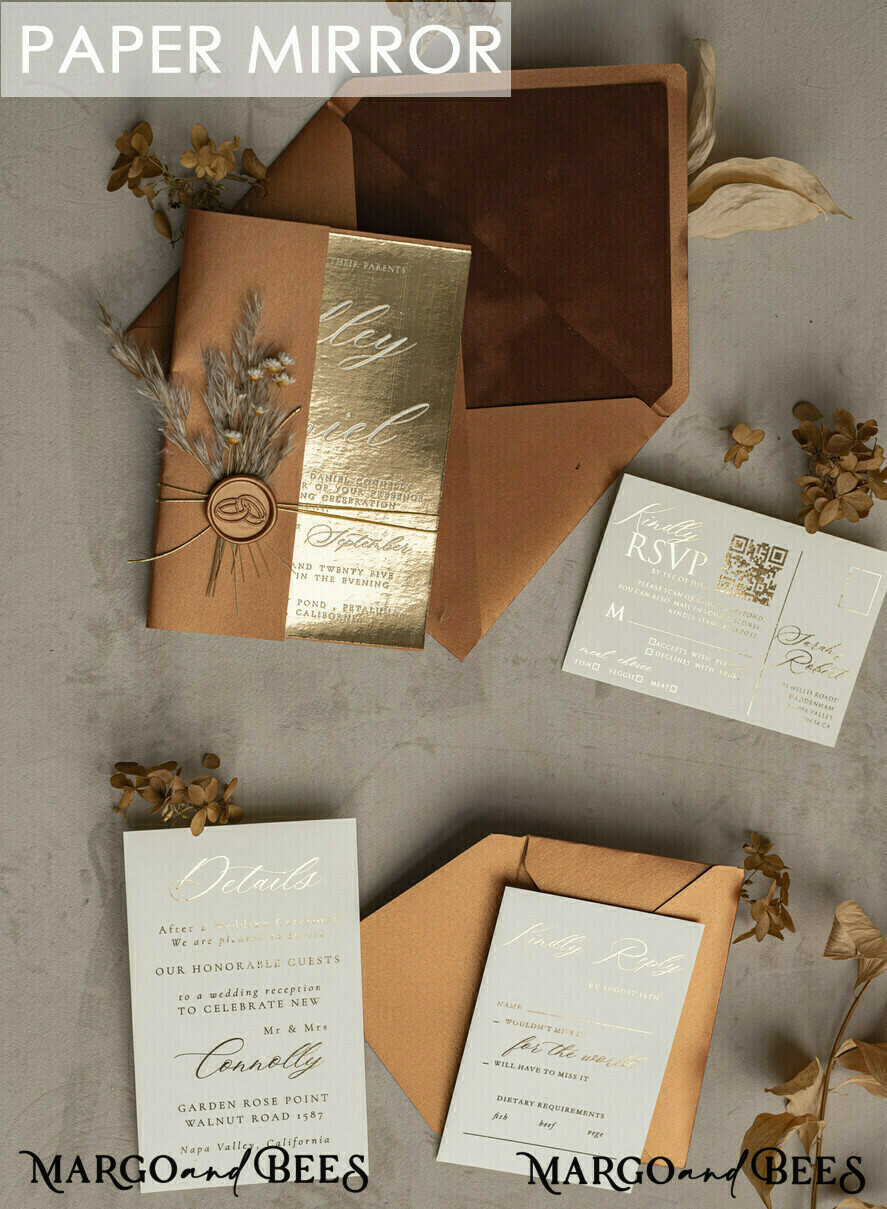 SAMPLING SERVICE samples Sample, bespoke sample set Fall Mirror gold Wedding Invitations, Elegant Terracotta Wedding Cards, Burnt orange mirror Wedding Invites, Mirror Gold Plexi Wedding Invitation Suite