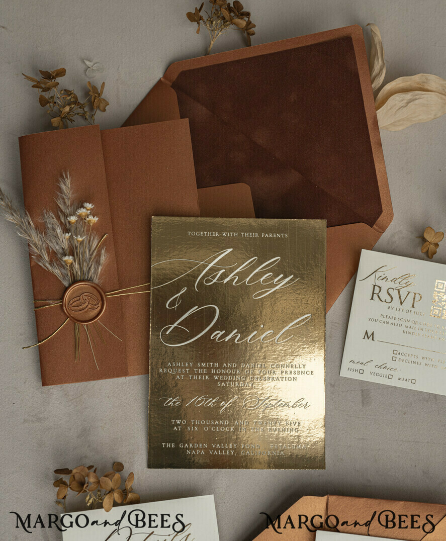 SAMPLING SERVICE samples Sample, bespoke sample set Fall Mirror gold Wedding Invitations, Elegant Terracotta Wedding Cards, Burnt orange mirror Wedding Invites, Mirror Gold Plexi Wedding Invitation Suite