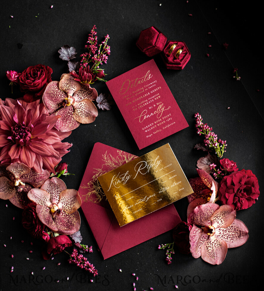 SAMPLING SERVICE samples Burgundy Velvet wedding Invitation Sample, luxury glamour handmade sample set, Gold Floral wedding invitation, Maroon invites sample set