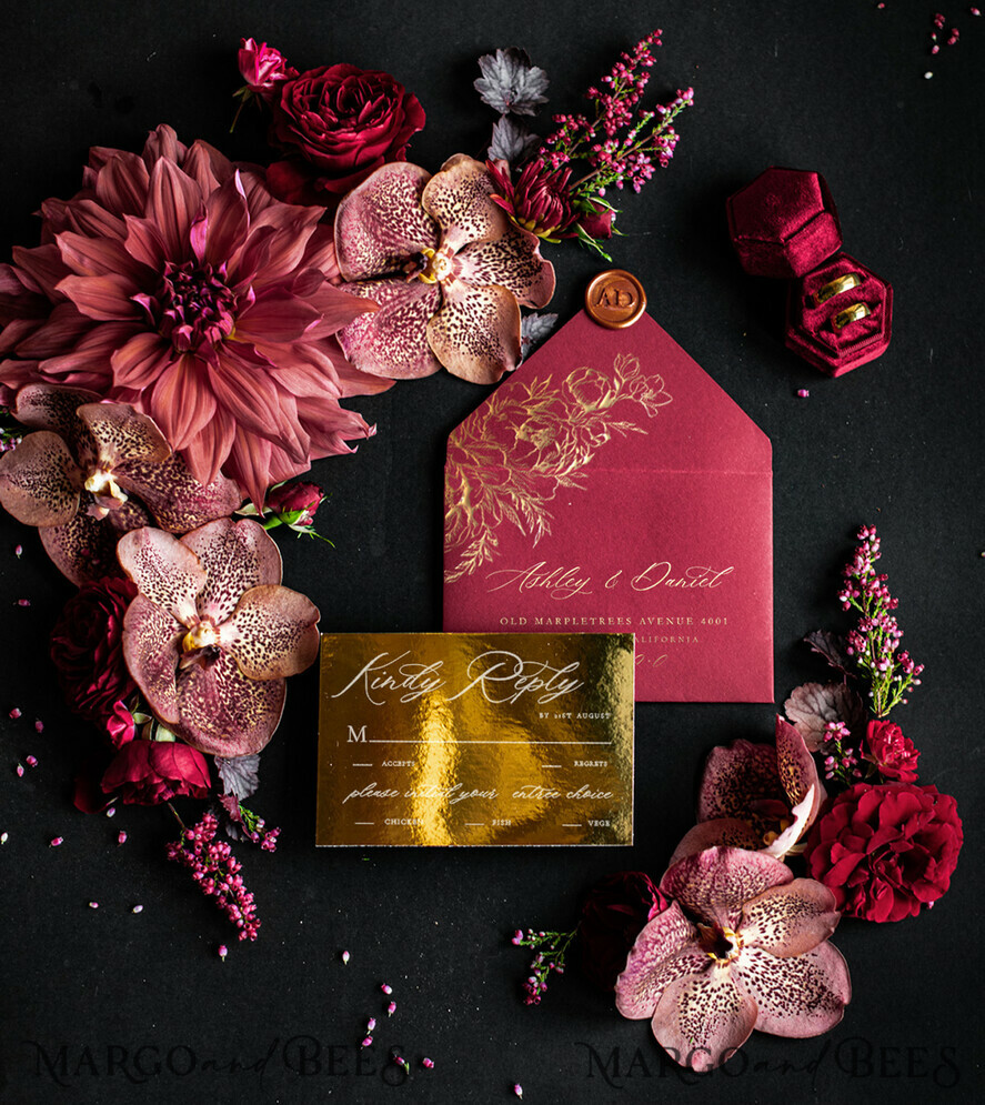 SAMPLING SERVICE samples Burgundy Velvet wedding Invitation Sample, luxury glamour handmade sample set, Gold Floral wedding invitation, Maroon invites sample set