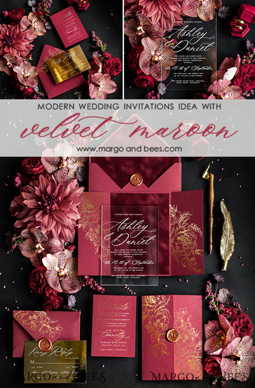 SAMPLING SERVICE samples Burgundy Velvet wedding Invitation Sample, luxury glamour handmade sample set, Gold Floral wedding invitation, Maroon invites sample set