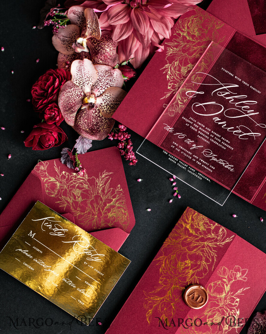 SAMPLING SERVICE samples Burgundy Velvet wedding Invitation Sample, luxury glamour handmade sample set, Gold Floral wedding invitation, Maroon invites sample set