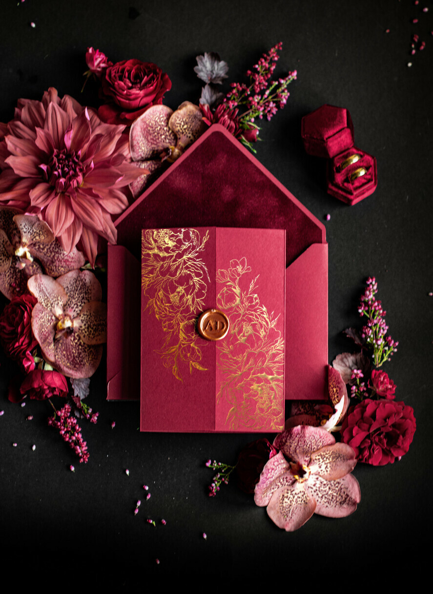SAMPLING SERVICE samples Burgundy Velvet wedding Invitation Sample, luxury glamour handmade sample set, Gold Floral wedding invitation, Maroon invites sample set