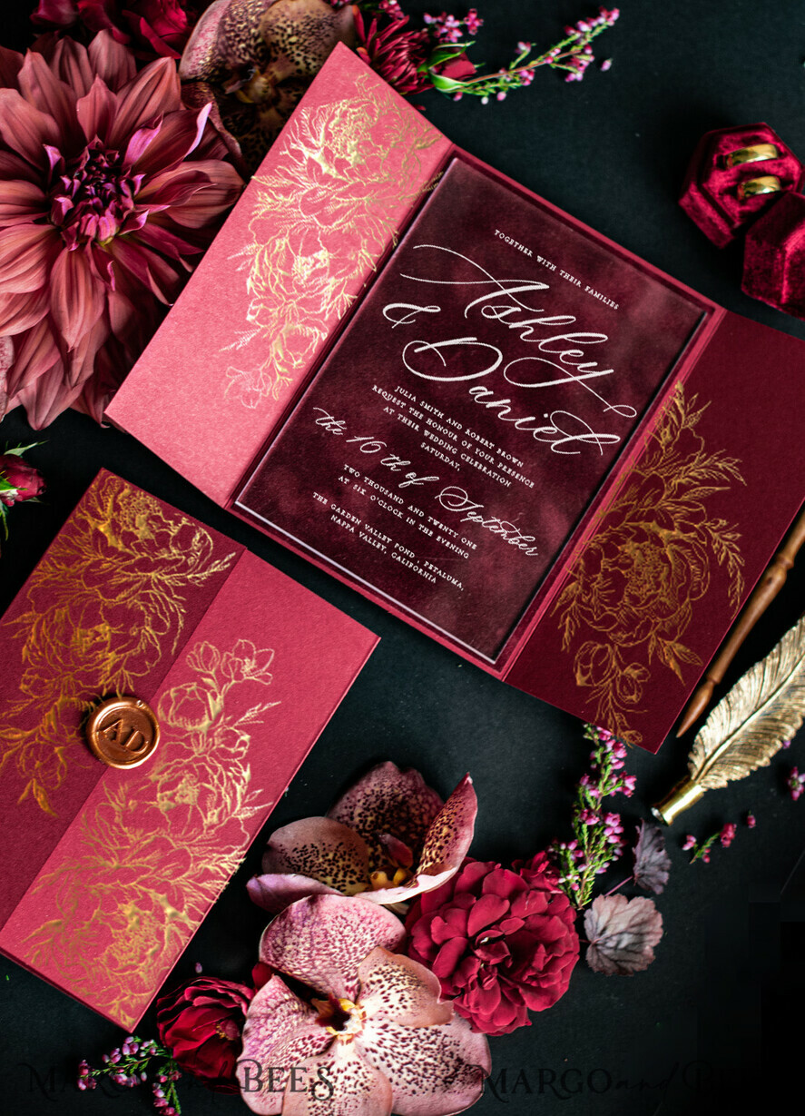 SAMPLING SERVICE samples Burgundy Velvet wedding Invitation Sample, luxury glamour handmade sample set, Gold Floral wedding invitation, Maroon invites sample set