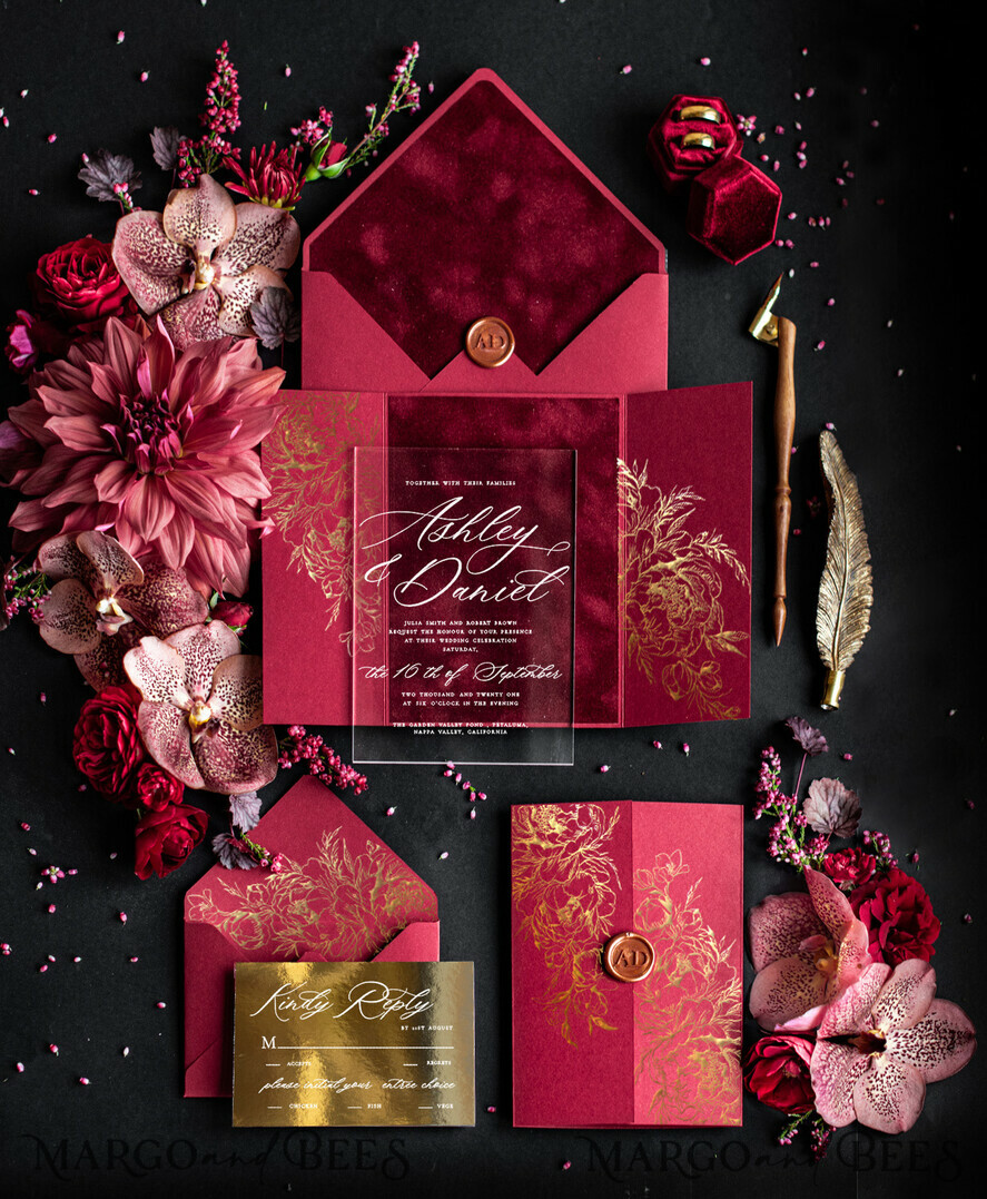 SAMPLING SERVICE samples Burgundy Velvet wedding Invitation Sample, luxury glamour handmade sample set, Gold Floral wedding invitation, Maroon invites sample set