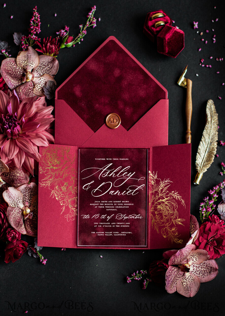 SAMPLING SERVICE samples Burgundy Velvet wedding Invitation Sample, luxury glamour handmade sample set, Gold Floral wedding invitation, Maroon invites sample set