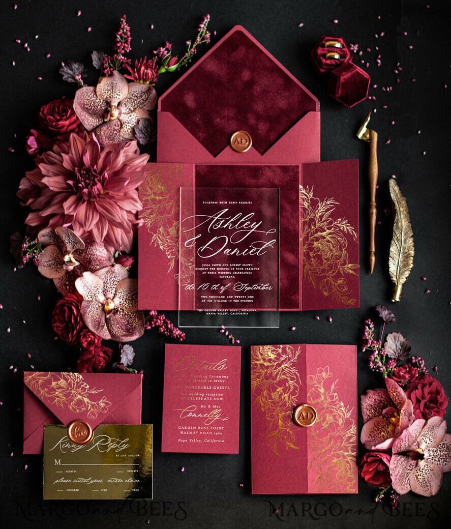SAMPLING SERVICE samples Burgundy Velvet wedding Invitation Sample, luxury glamour handmade sample set, Gold Floral wedding invitation, Maroon invites sample set