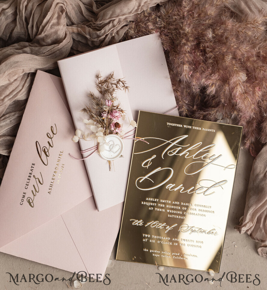 SAMPLING SERVICE samples sample Luxury Mirror gold Wedding Invitations, Elegant Blush Pink Wedding Cards, Glamour Acrylic Wedding Invites, Clear Plexi Wedding Invitation Suite