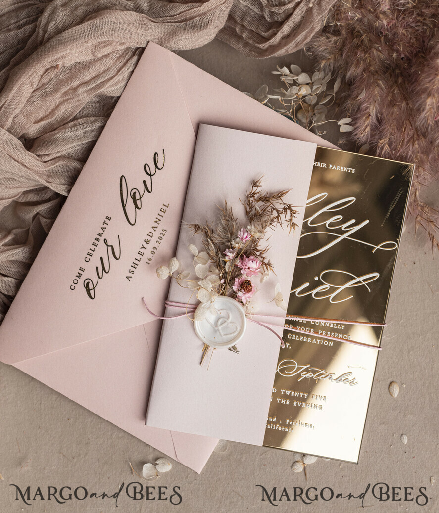 SAMPLING SERVICE samples sample Luxury Mirror gold Wedding Invitations, Elegant Blush Pink Wedding Cards, Glamour Acrylic Wedding Invites, Clear Plexi Wedding Invitation Suite