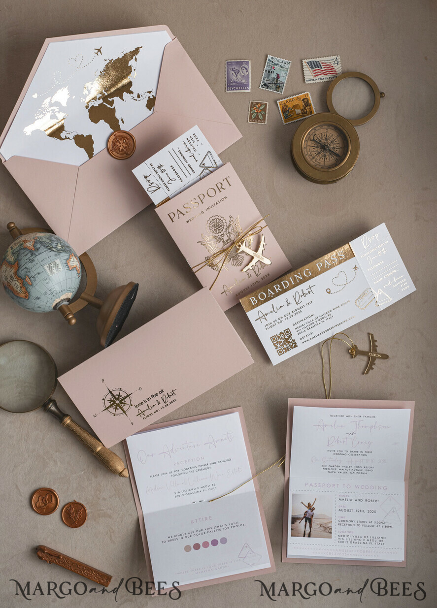 SAMPLING SERVICE samples Gold Bluh pink Passport Wedding Invitation, Golden Wedding Cards Boarding Pass, Travel Passport Wedding Invitations Abroad, Destination Wedding Invites, Travel Map Wedding Stationary