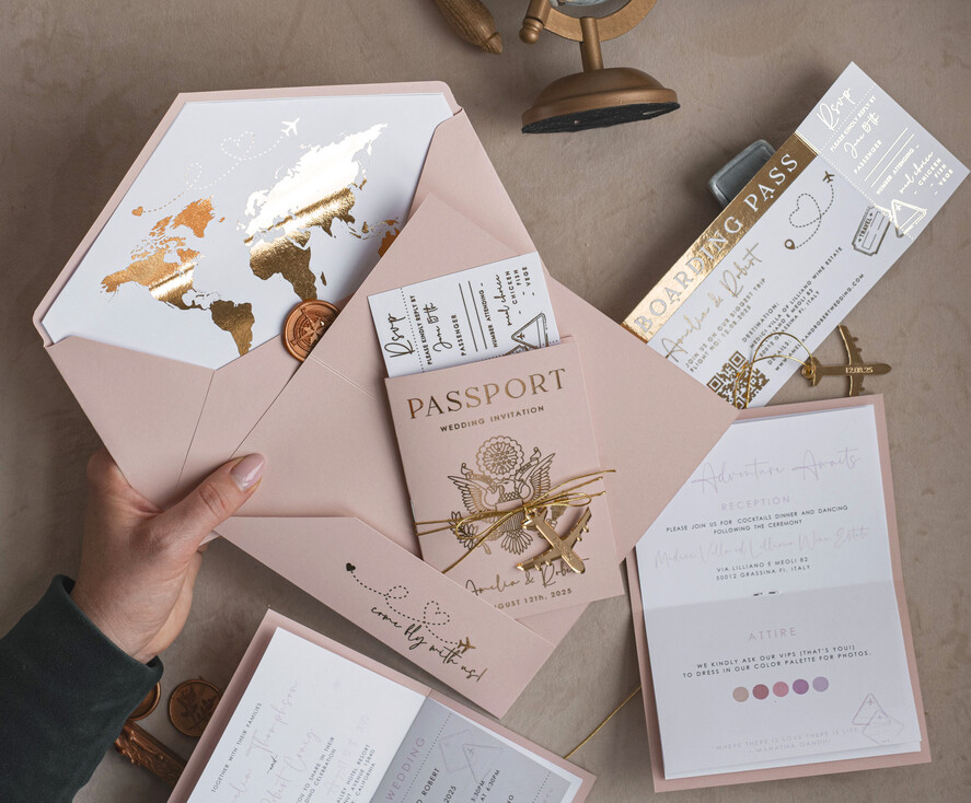 SAMPLING SERVICE samples Gold Bluh pink Passport Wedding Invitation, Golden Wedding Cards Boarding Pass, Travel Passport Wedding Invitations Abroad, Destination Wedding Invites, Travel Map Wedding Stationary