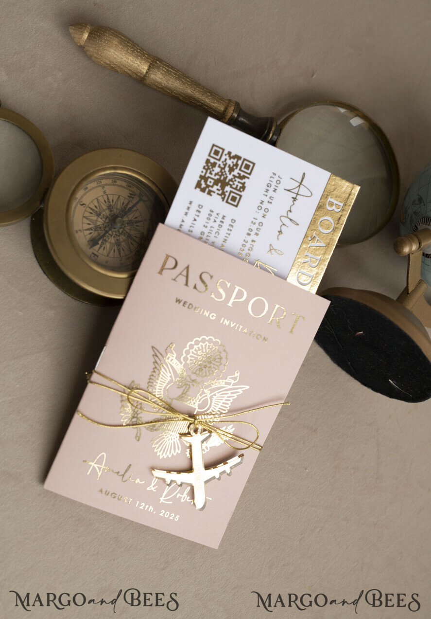 SAMPLING SERVICE samples Gold Bluh pink Passport Wedding Invitation, Golden Wedding Cards Boarding Pass, Travel Passport Wedding Invitations Abroad, Destination Wedding Invites, Travel Map Wedding Stationary