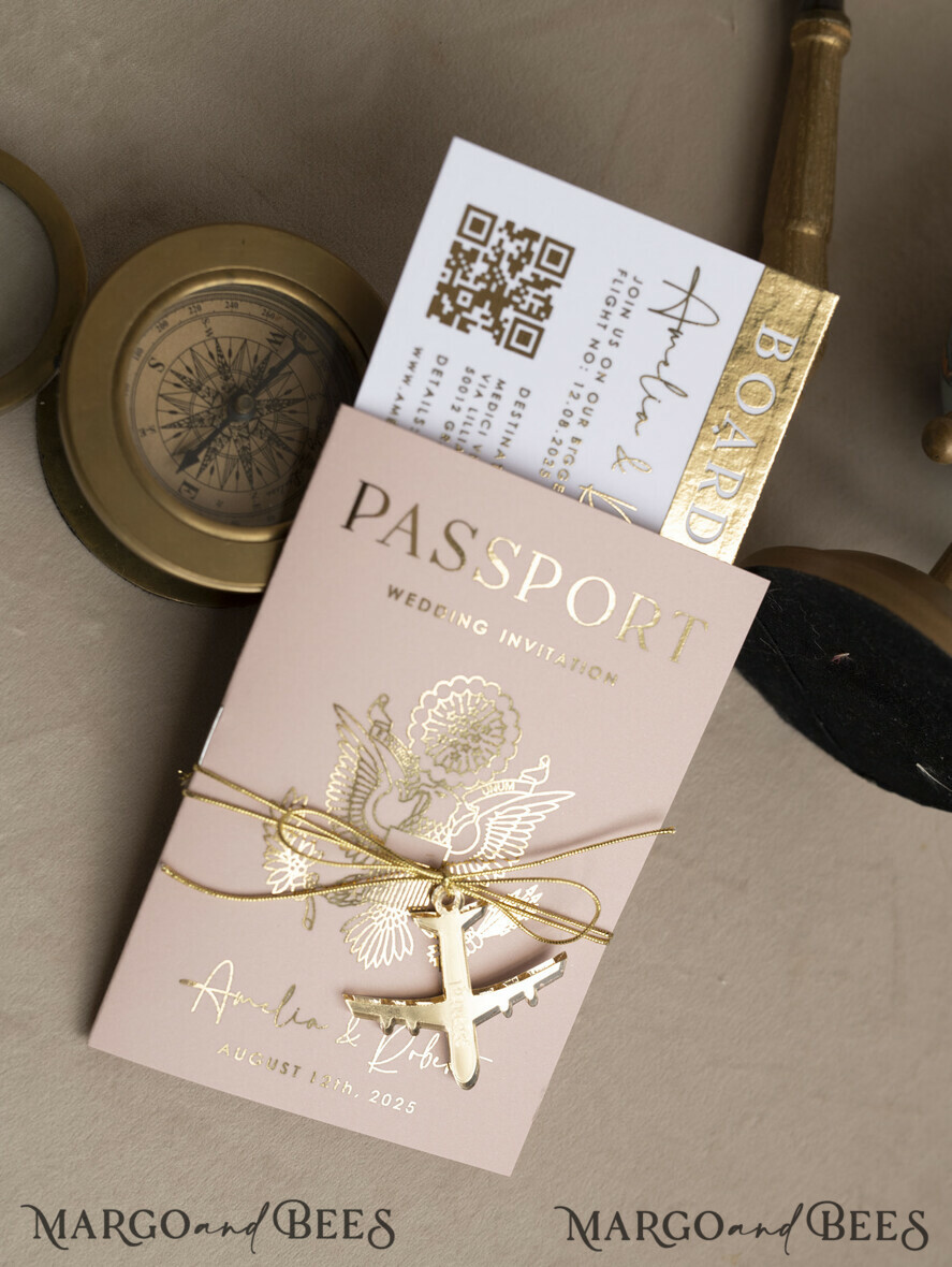 SAMPLING SERVICE samples Gold Bluh pink Passport Wedding Invitation, Golden Wedding Cards Boarding Pass, Travel Passport Wedding Invitations Abroad, Destination Wedding Invites, Travel Map Wedding Stationary