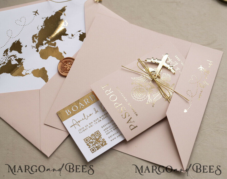 SAMPLING SERVICE samples Gold Bluh pink Passport Wedding Invitation, Golden Wedding Cards Boarding Pass, Travel Passport Wedding Invitations Abroad, Destination Wedding Invites, Travel Map Wedding Stationary
