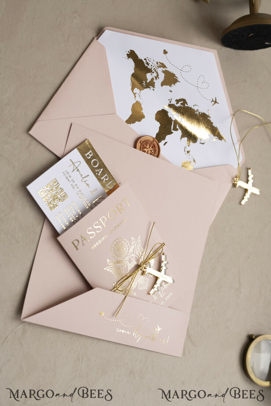 SAMPLING SERVICE samples Gold Bluh pink Passport Wedding Invitation, Golden Wedding Cards Boarding Pass, Travel Passport Wedding Invitations Abroad, Destination Wedding Invites, Travel Map Wedding Stationary