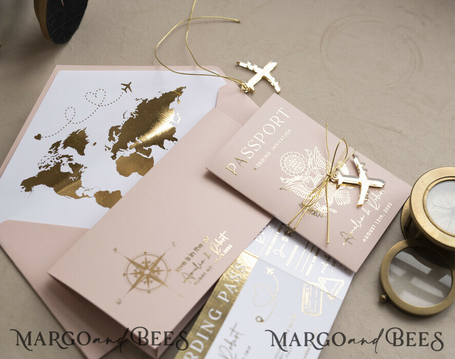 SAMPLING SERVICE samples Gold Bluh pink Passport Wedding Invitation, Golden Wedding Cards Boarding Pass, Travel Passport Wedding Invitations Abroad, Destination Wedding Invites, Travel Map Wedding Stationary