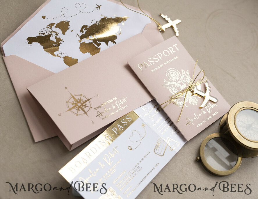 SAMPLING SERVICE samples Gold Bluh pink Passport Wedding Invitation, Golden Wedding Cards Boarding Pass, Travel Passport Wedding Invitations Abroad, Destination Wedding Invites, Travel Map Wedding Stationary