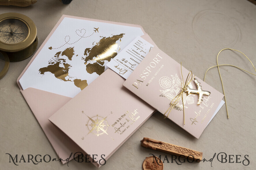 SAMPLING SERVICE samples Gold Bluh pink Passport Wedding Invitation, Golden Wedding Cards Boarding Pass, Travel Passport Wedding Invitations Abroad, Destination Wedding Invites, Travel Map Wedding Stationary