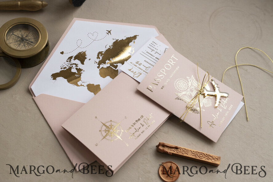 SAMPLING SERVICE samples Gold Bluh pink Passport Wedding Invitation, Golden Wedding Cards Boarding Pass, Travel Passport Wedding Invitations Abroad, Destination Wedding Invites, Travel Map Wedding Stationary