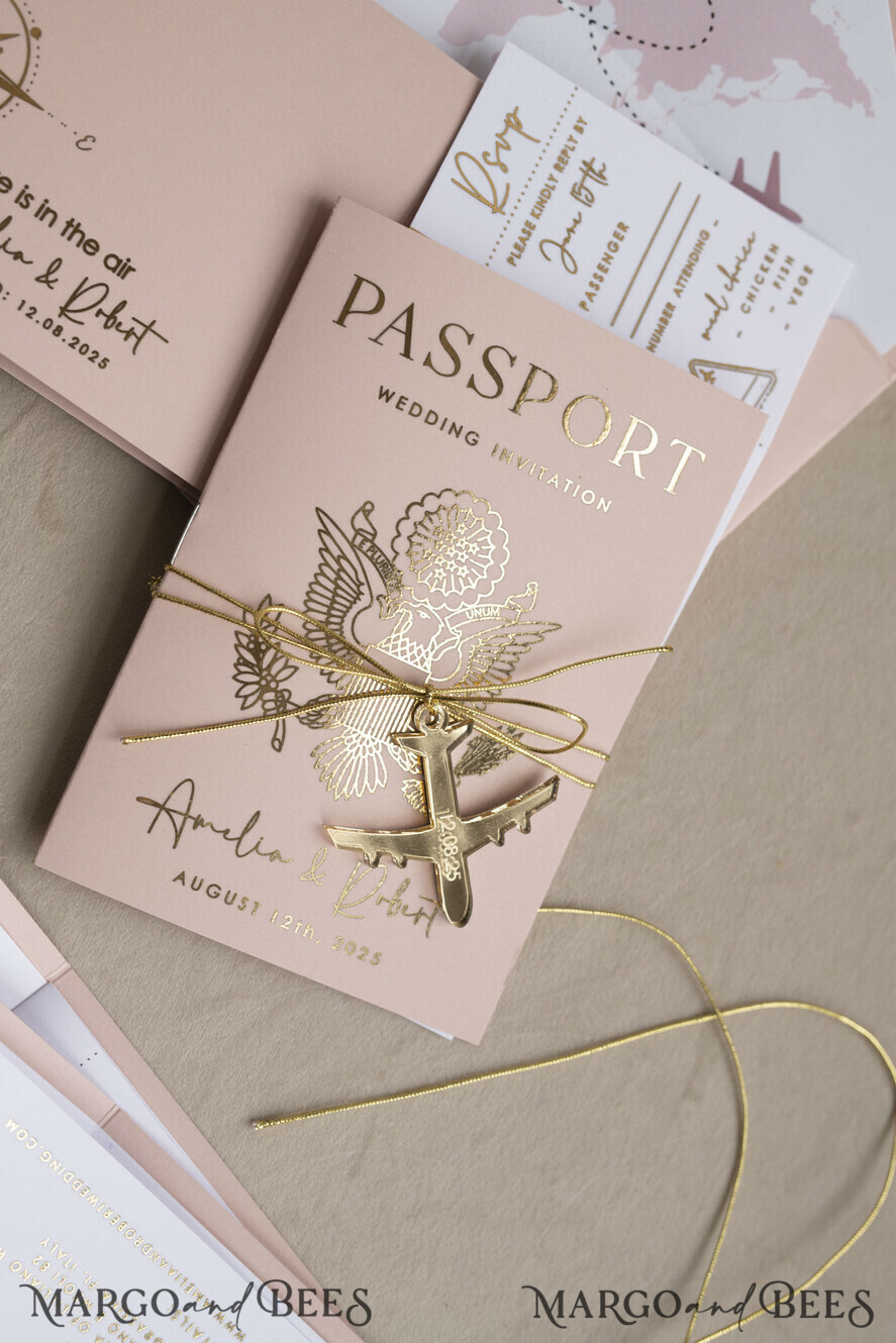 SAMPLING SERVICE samples Gold Bluh pink Passport Wedding Invitation, Golden Wedding Cards Boarding Pass, Travel Passport Wedding Invitations Abroad, Destination Wedding Invites, Travel Map Wedding Stationary