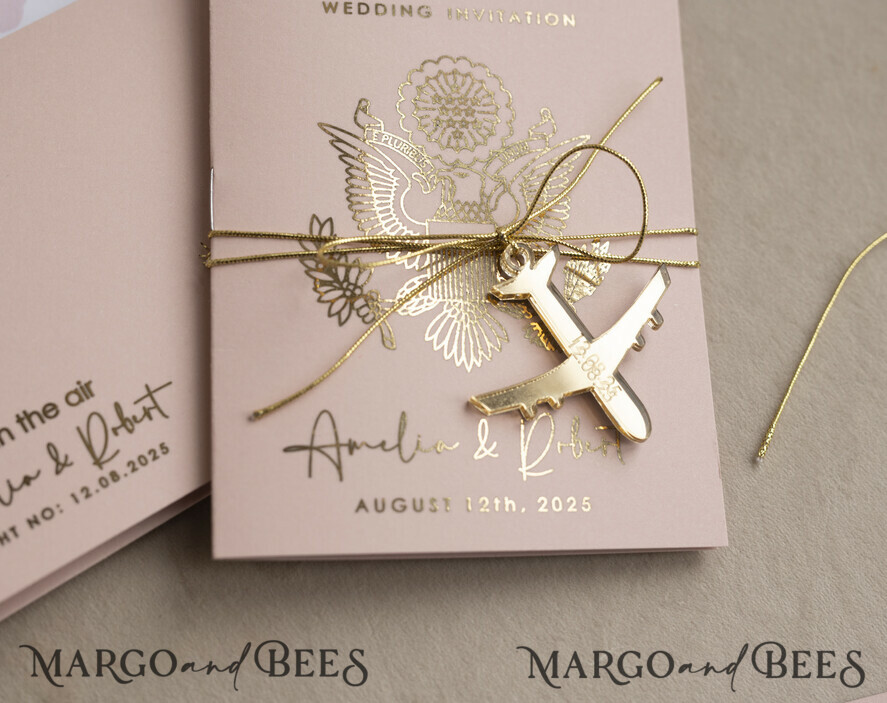 SAMPLING SERVICE samples Gold Bluh pink Passport Wedding Invitation, Golden Wedding Cards Boarding Pass, Travel Passport Wedding Invitations Abroad, Destination Wedding Invites, Travel Map Wedding Stationary