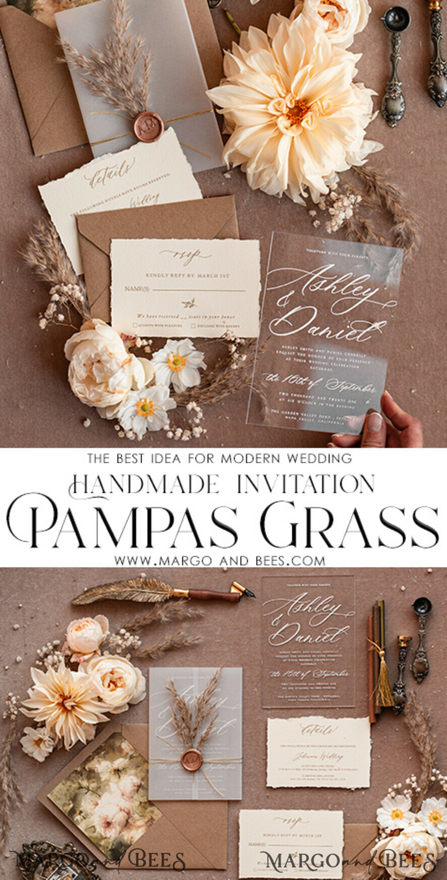 SAMPLING SERVICE samples Ivory Eco wedding Invitation Sample, handmade sample set, Boho Pampas wedding invitation samples, Acrylic invites sample set